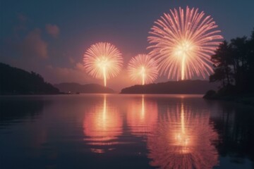 Fireworks reflected in still Japanese lake with gentle bokeh effect