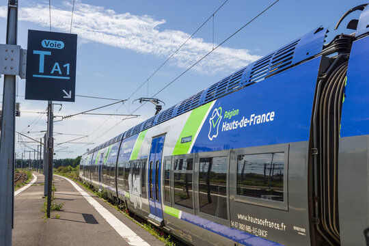 Calais, France - August 10, 2024 :  SNCF company, TER, french Train Express Regional (Sncf) in a station on the railway