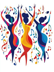 Colorful abstract illustration of three dancing women surrounded by musical notes, perfect for cultural events, music festivals, or artistic branding
