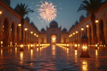 Illuminated Islamic courtyard with lanterns lined up, cobblestone path, and fireworks in the distance at sunset