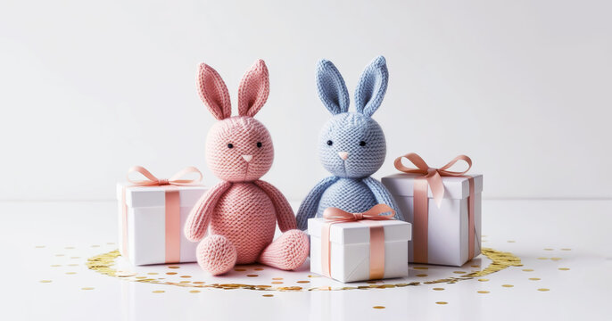 Invitation or banner with pink and blue hare for revealing the baby's gender. Congratulatory banner or card for the birth of a child