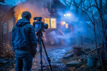 Fototapeta premium A cinematographer operates a camera on a tripod, capturing a scene outside a house bathed in atmospheric blue light and fog at dusk.