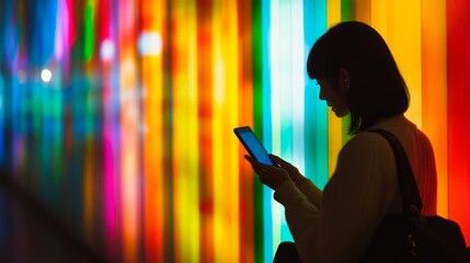 Woman using mobile smart phone in the night light colorful background, Generative AI
