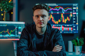 A young man hosting a video blog session, engages with his audience about cryptocurrency trading, with dynamic digital charts displayed in the background.