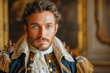 A man dressed in an opulent Renaissance costume with detailed embroidery sits confidently in an antique chair, conveying a sense of historical elegance.