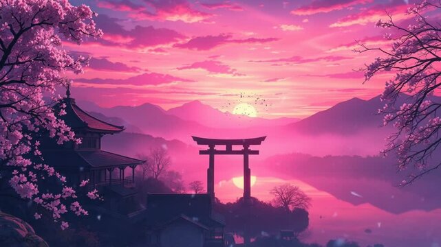 A serene landscape featuring a torii gate at sunset, surrounded by mountains and cherry blossoms.