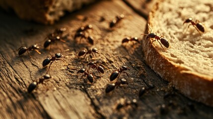Ants crawling on wooden surface near bread.
