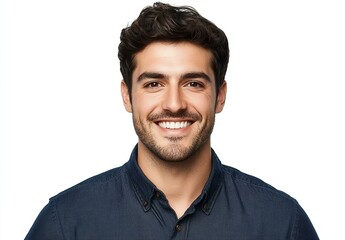Obraz premium Portrait of a handsome smiling man in a dark blue shirt isolated on a white background