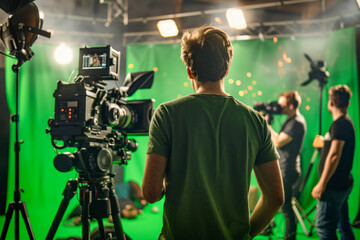 A film crew works on a set, with a cinematographer operating a camera focused on the action in front of a green screen.