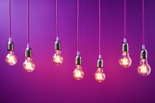 Hanging light bulbs create a vibrant atmosphere against a purple backdrop. Generative AI