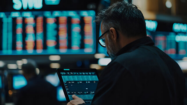 Trader reviewing data on tablet, exchange floor, stock market, digital displays
