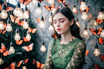 Portrait of a beautiful girl in a green dress among many suspended light bulbs and butterflies fluttering around her. Daydreaming. A magical atmosphere.