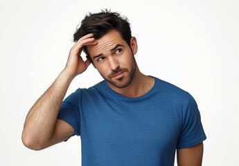 Fototapeta premium Blue t-shirt a handsome man in a blue T-shirt touching his head with his hand isolated on a white background looking confused and thinking about something