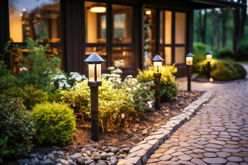 Modern solar-powered lights cast a warm glow along a stone garden path, enhancing the ambiance near a house as the evening approaches.