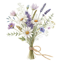 A bouquet of diverse wildflowers, including daisies and lavender, tied together with a natural twine.