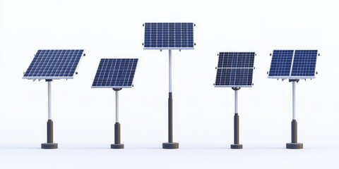 Five different sized solar panels mounted on poles, isolated on white background.