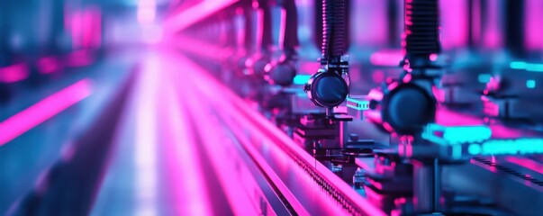 Futuristic factory assembly line with glowing machinery, advanced technology, industrial innovation.
