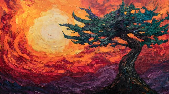 A bold depiction of a gnarled cypress tree with textured green foliage, standing tall against a vibrant sunset of swirling reds, oranges, and purples, embodying the vivid emotions of post-impressionis