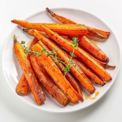 A plate of roasted carrots with honey and thyme, isolated white background, cubism art style
