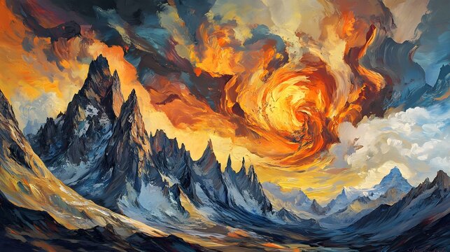 A dramatic mountain landscape with jagged peaks painted in deep grays and blues, framed by a swirling sky in bold, fiery tones of orange, gold, and red, capturing a sense of awe and grandeur