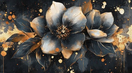 Stunning Black and Gold Floral Artwork with Magnificent Flowers and Leaves