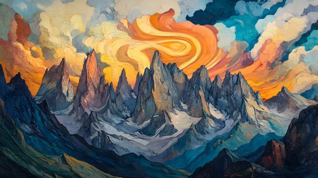 A dramatic mountain landscape with jagged peaks painted in deep grays and blues, framed by a swirling sky in bold, fiery tones of orange, gold, and red, capturing a sense of awe and grandeur