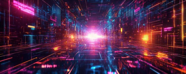 Obraz premium futuristic power grid, neon lights, digital energy landscape, electric towers in vibrant colors, stunning visual effect, modern technology concept, abstract energy transmission