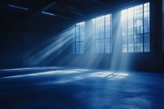 Sunbeams illuminate a dark, empty industrial warehouse space with concrete floor and large windows.
