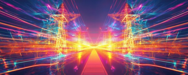 Obraz premium futuristic power grid, neon lights, digital energy landscape, electric towers in vibrant colors, stunning visual effect, modern technology concept, abstract energy transmission