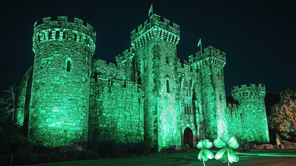 A medieval stone castle illuminated in vibrant green light against a dark night sky, creating a mystical atmosphere.