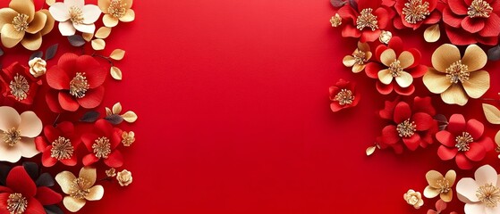 Red and gold paper flowers Chinese decoration background for 2025 lunar new year concept