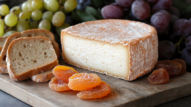 Queso Taleggio acompa&ntilde;ado de pan r&uacute;stico, orejones y uvas verdes y rojas sobre tabla de madera

