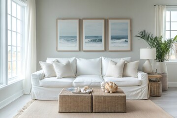 Fototapeta premium Bright living room decorated in coastal style with pictures representing ocean waves