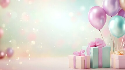 Pastel gift boxes and balloons birthday party holidays background New year 2025 celebration concept Generative ai