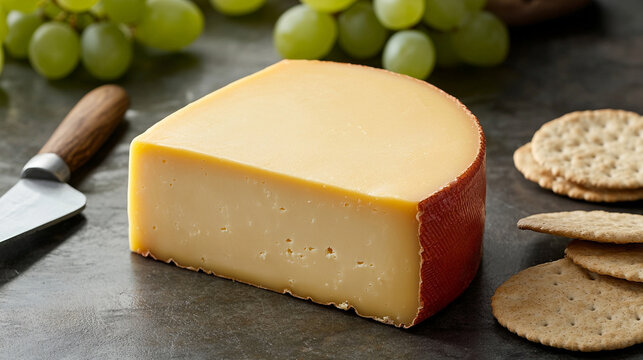 Queso gouda con uvas verdes y galletas saladas sobre una superficie de piedra

