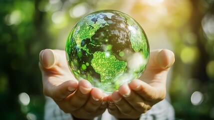 Hands holding green cystal globe ball CSR eco sustainable business environmental concept Generative AI