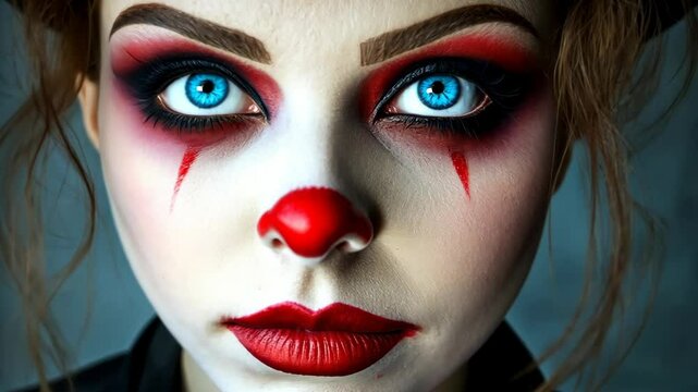 Portrait of a female clown with striking blue eyes and dramatic makeup in a creative artistic setting