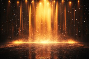 Golden spotlight beams on dark stage with smoke and dust.