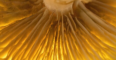 Macro Close-up of Mushroom Gills with Warm Lighting