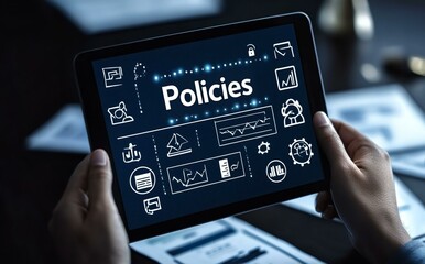 Policy documentation and compliance concept. A person reviews digital document labeled 'Policies' with icons checklists certifications and financial detail.