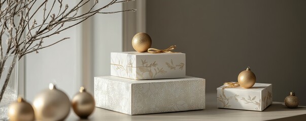 Gift boxes with gold ornaments, luxury holiday wrapping, elegant festive aesthetics.