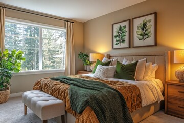 Fototapeta premium Modern bedroom interior design with natural light enhancing the cozy ambiance