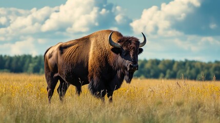 Majestic European bison in a golden field