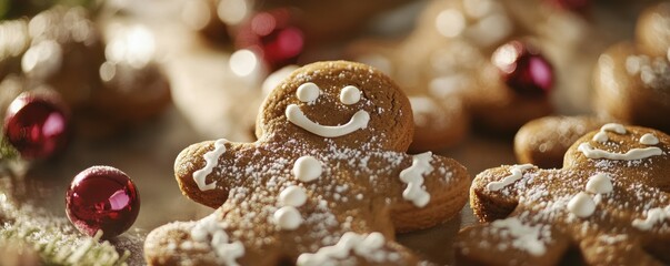 Fototapeta premium Gingerbread Cookies: Cute gingerbread men cookies, traditional Christmas dessert, focus on happy expressions, surrounded by icing decorations