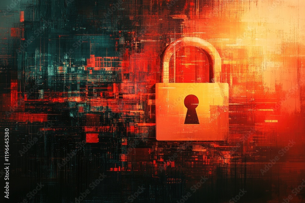 Poster padlock securing glowing red and black abstract digital background