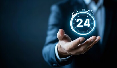 Nonstop service 24 hr concept. businessman hand holding virtual 24-7 with clock on hand for worldwide nonstop and full-time available contact of service concept.