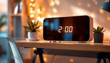 Modern Digital Clock on Wooden Desk with Warm Lighting
