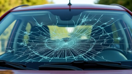 Obraz premium Car Windshield Cracks Radiating From a Central Impact Point.