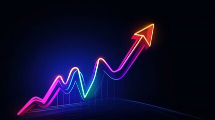 Arrow pointing upward icon with neon light effect on dark blue background.