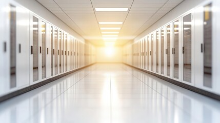Illuminated corridor with storage units modern facility digital bright environment wide angle view minimalist concept